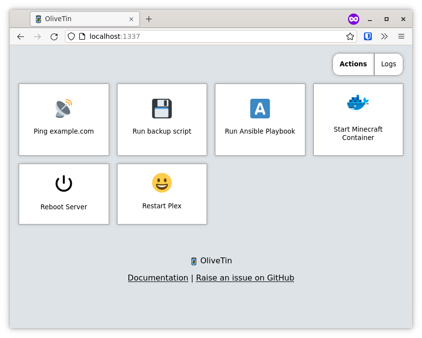 A screenshot of OliveTin on the desktop; it features several squares in a grid, with labels and actions for each command that can be run.